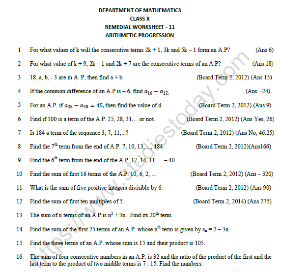 arithmetic progression practice questions class 10